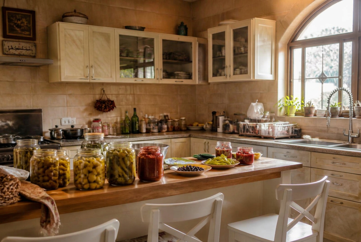 A warm kitchen counter lined with jars of naturally fermented pickles, kraut and pepper paste